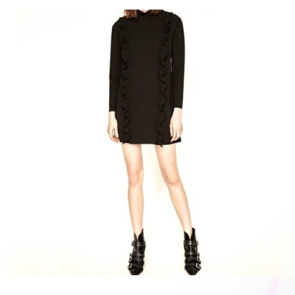 Chic Elegance: Zara Black Ruffle Long Sleeve Mock Neck Dress - Picture 4 of 6